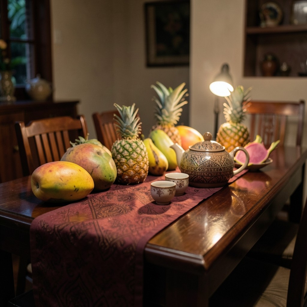 A modest home table set with fruit and tea in warm evening light