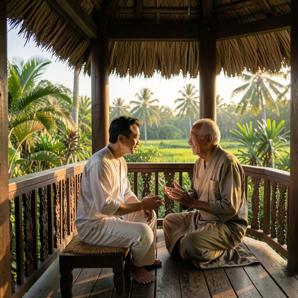 An adult and an older parent talking on a wooden veranda of a southern Thai house