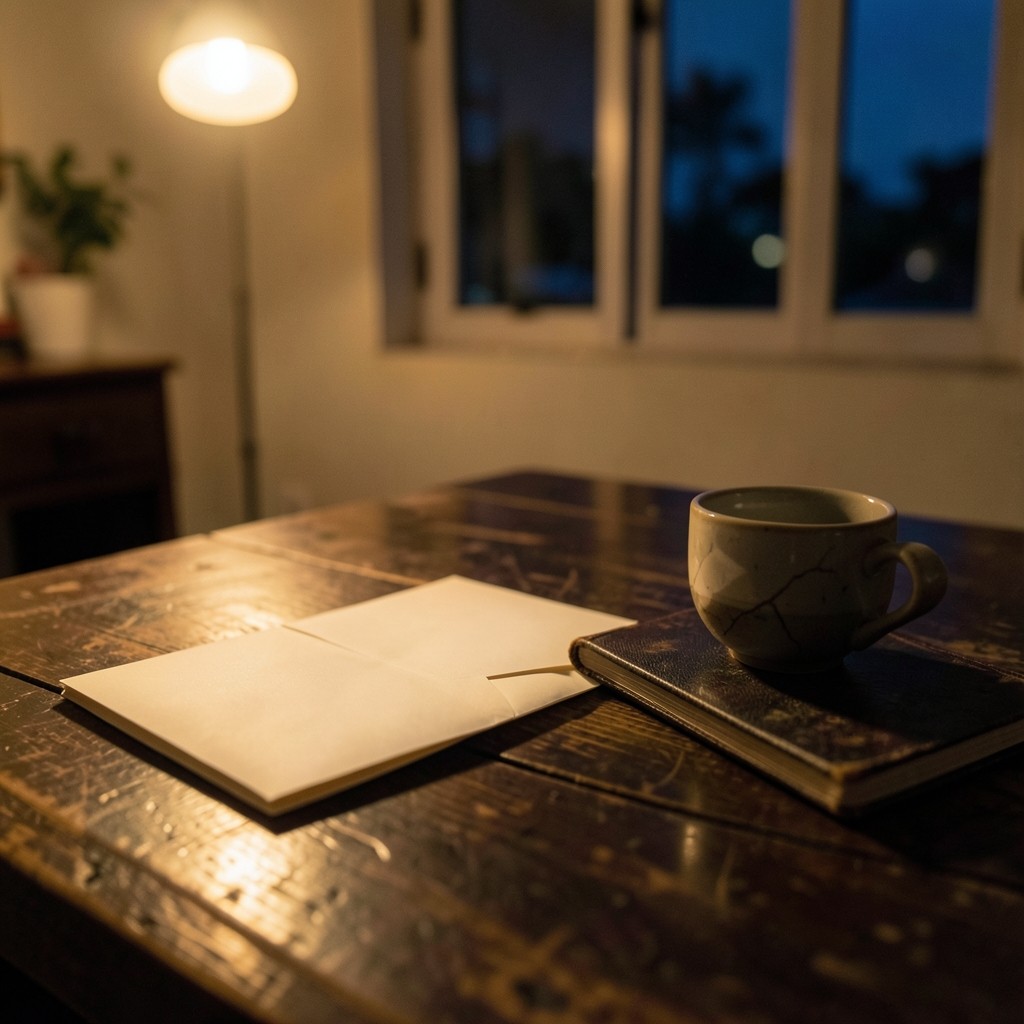 A kitchen table at dusk with a closed envelope, a notebook, and a ceramic cup