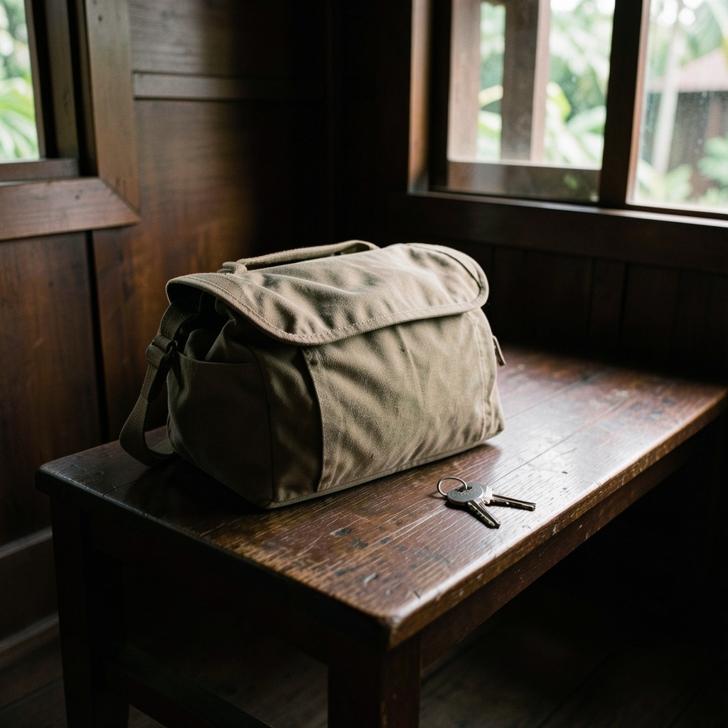 A packed canvas bag and a set of house keys on a dark wooden bench by a window