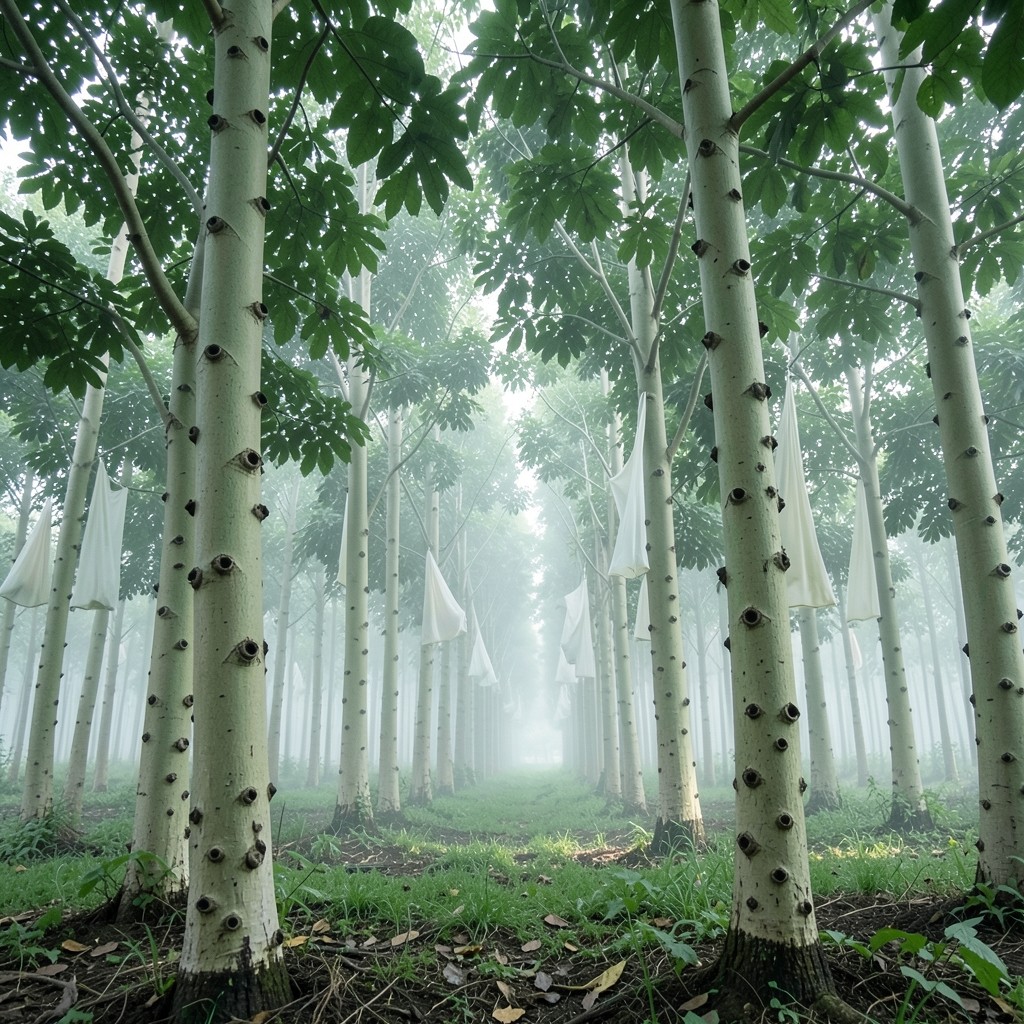 Rubber trees in early morning light in southern Thailand, with sheets hanging in the shade