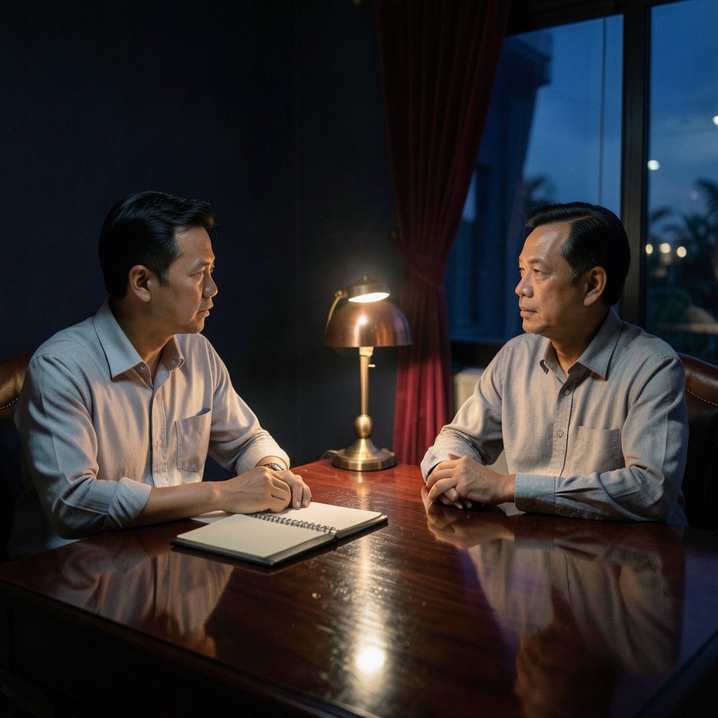 Evening meeting in a lacquered-wood office with burgundy curtains and a copper lamp