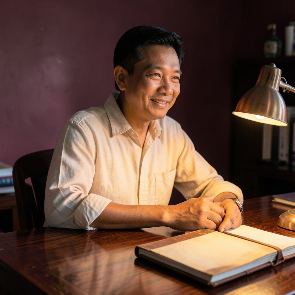 Portrait of Arif Waesama at a wooden desk with a household ledger