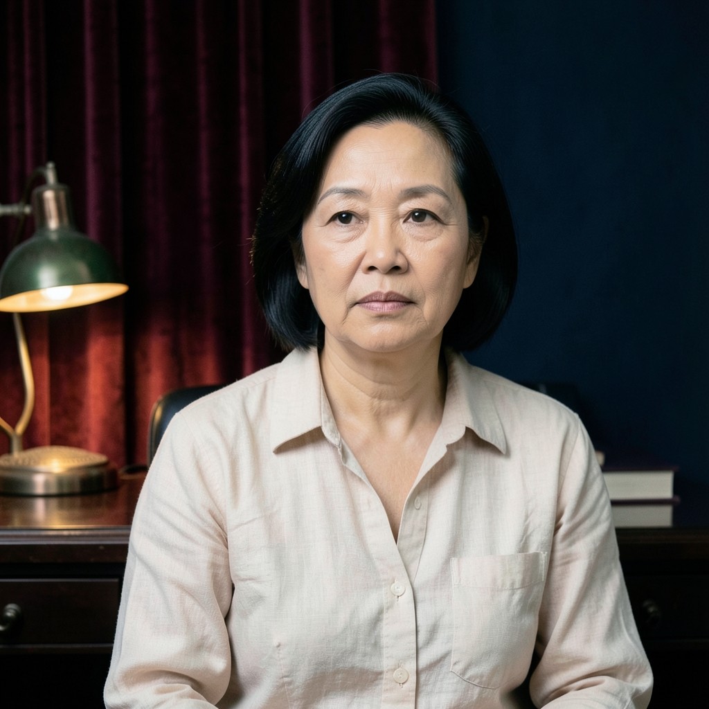 Portrait of Maliya Samae in the Yi-ngo office, seated beside a copper lamp