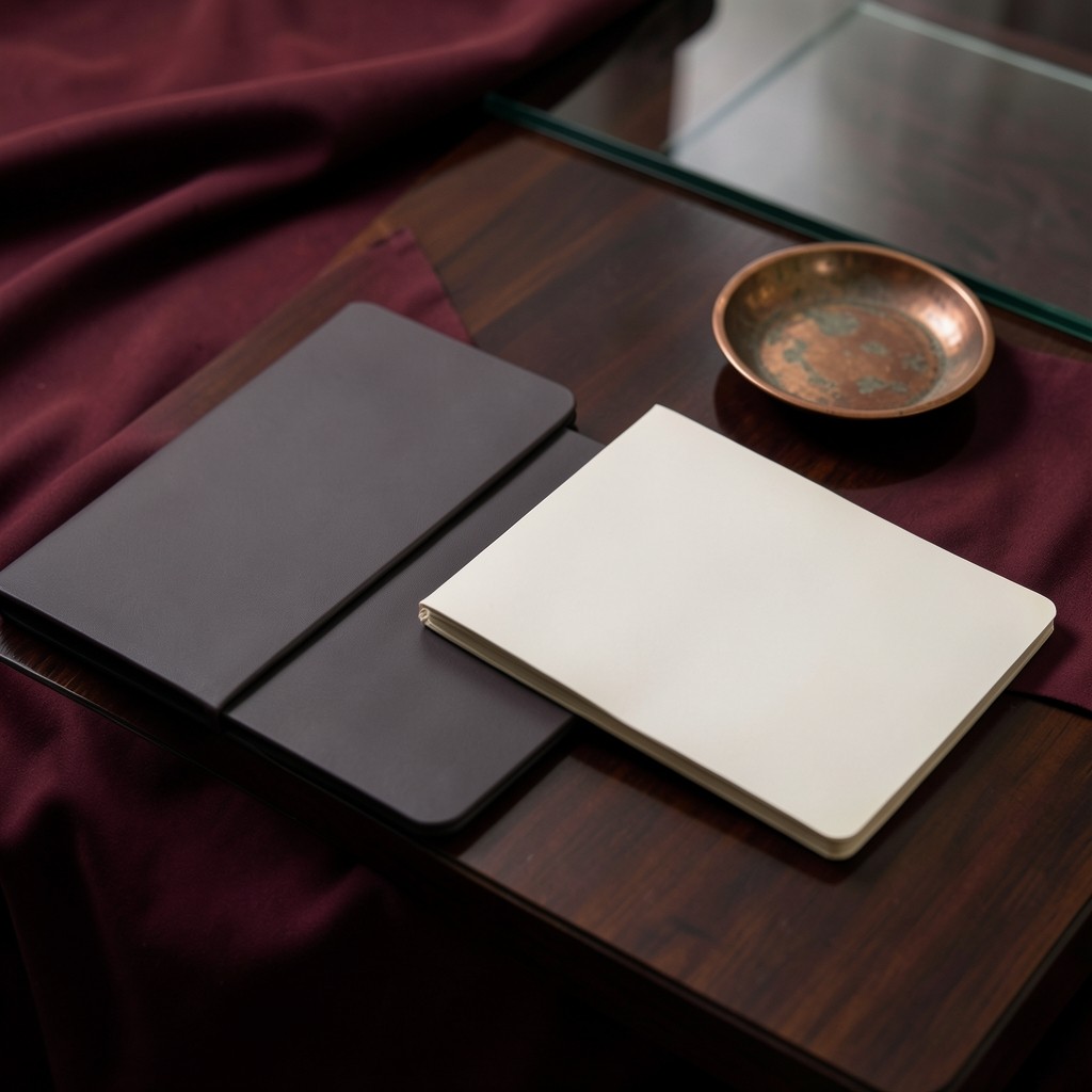Closed folders and a blank notebook arranged on a dark lacquered desk