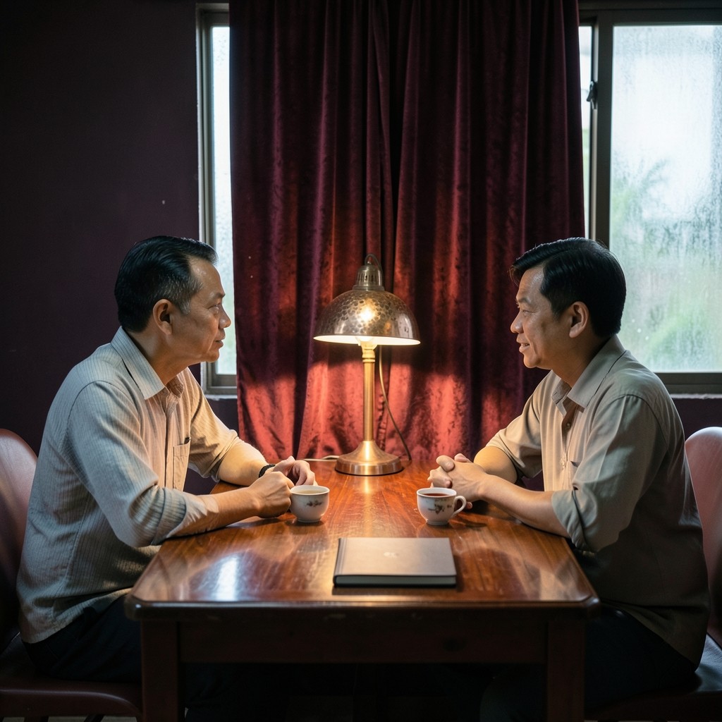 A quiet follow-up meeting with tea cups and a closed notebook on a lacquered table