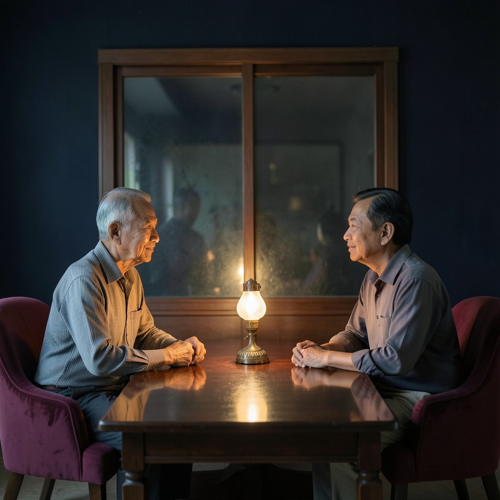 Two adults seated across a dark wood table in conversation, with a copper lamp between them