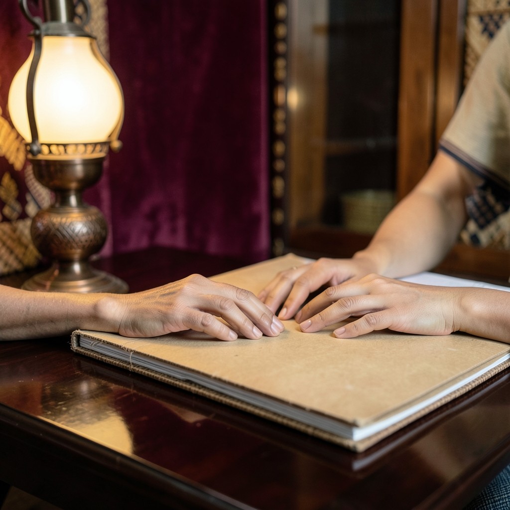 Two adults at a dark wood table in a lamplit office, reviewing a closed folder and a blank notebook