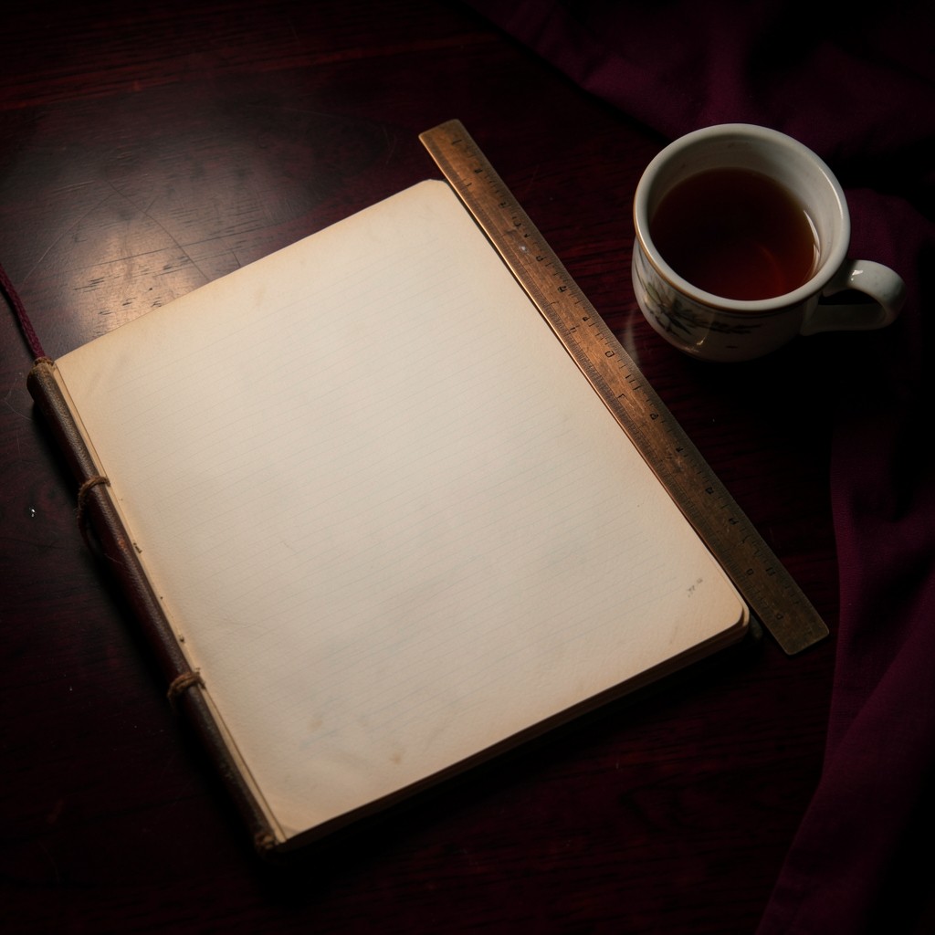 An open household ledger and a copper ruler on dark wood under a warm lamp